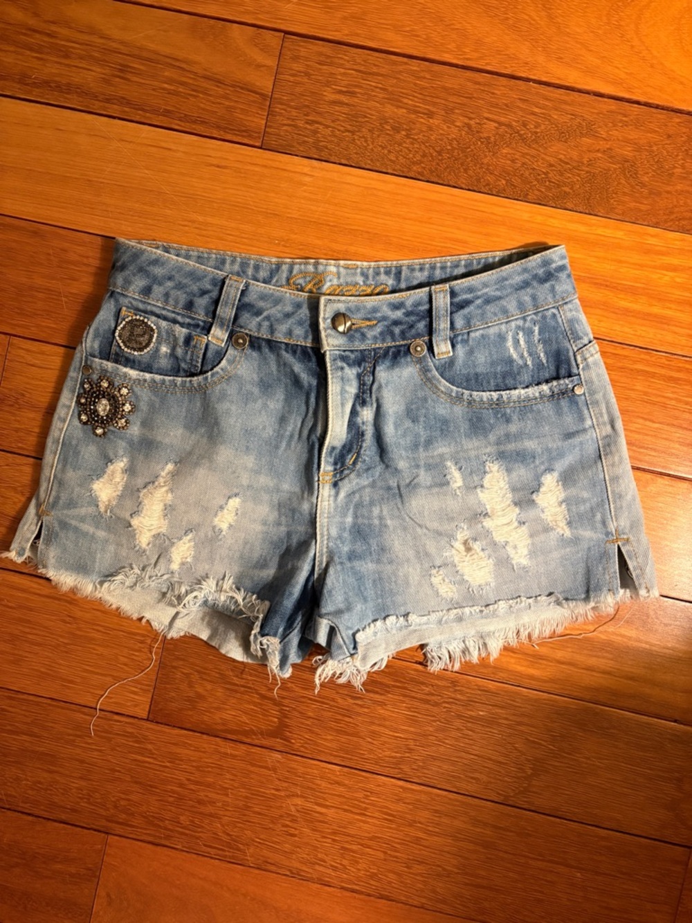 Razzo Frayed Light Blue Distressed Denim Shorts Embellished
